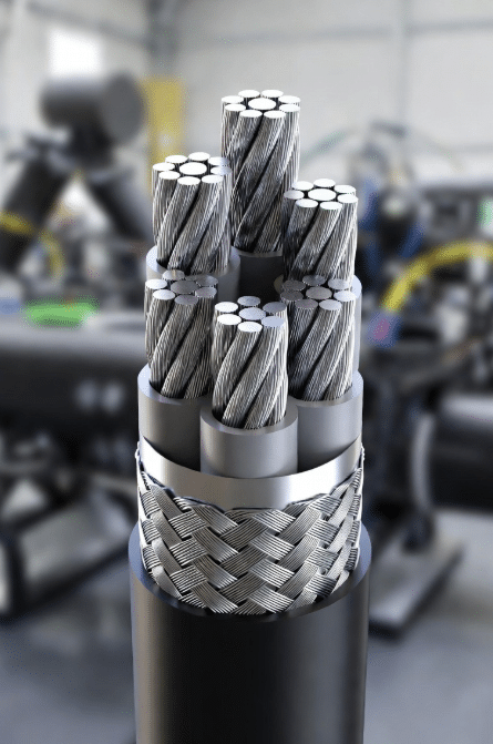 Detailed cross-section view of high-performance continuous-flex multi-core cable designed for drag chains, highlighting fine-stranded conductors bundled around central strain-relieving core, inner jacket, braided shield, and outer jacket layers in industrial setting