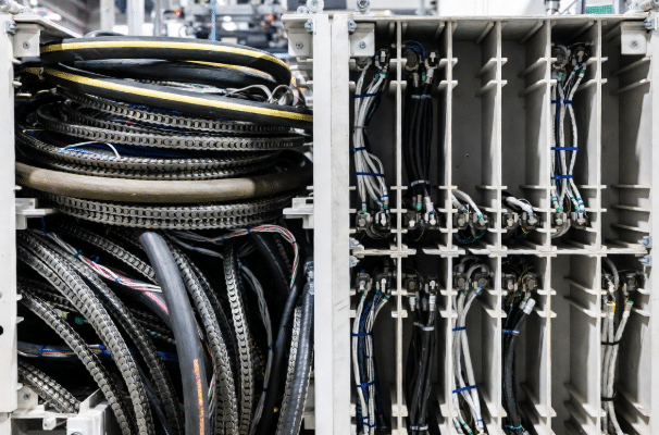 Side-by-side cross-section comparison of industrial drag chain: chaotic tangled cables and hoses on left versus neatly segregated compartments with separators and balanced layout on right, illustrating impact on cable longevity in automation systems