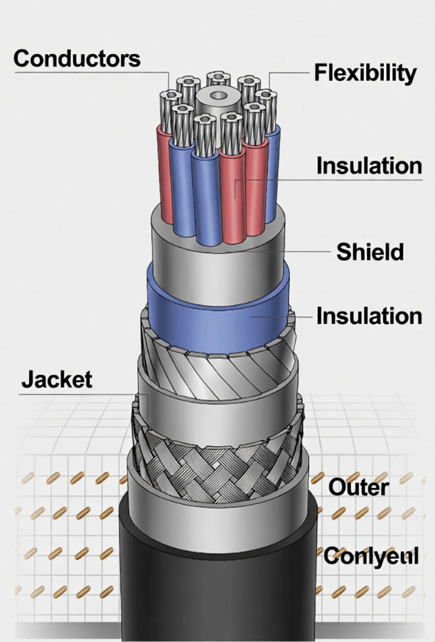 Detailed cutaway view of robot torsion cable with bundled conductors, shielding, and reinforced structure optimized for flex life under torsional stress