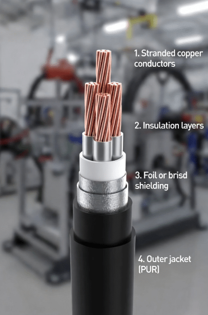 Detailed technical view of sensor actuator cable internal construction with copper conductors, insulation, shielding, and durable outer jacket for industrial environments
