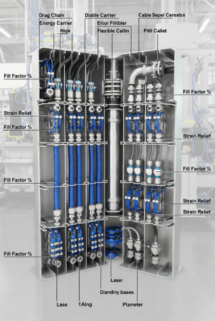 Realistic cross-section view of industrial drag chain energy carrier showing optimal fill factor, cable clearances, separators for separation by diameter, and balanced weight distribution in automation system