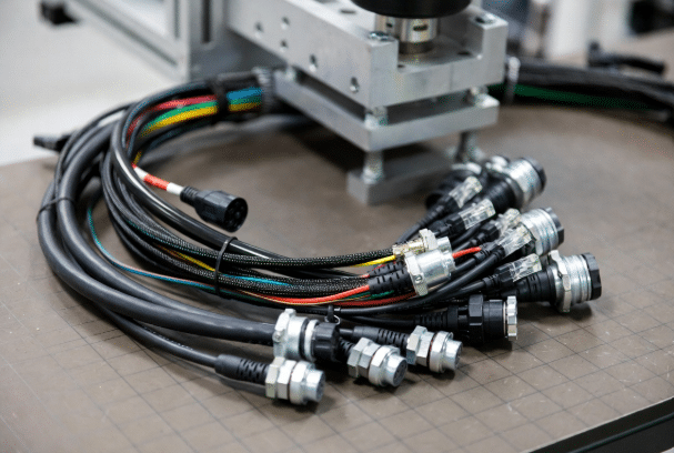 Detailed view of organized custom cable assembly featuring power, feedback and Ethernet cables with industrial connectors designed for AGV and robotics systems