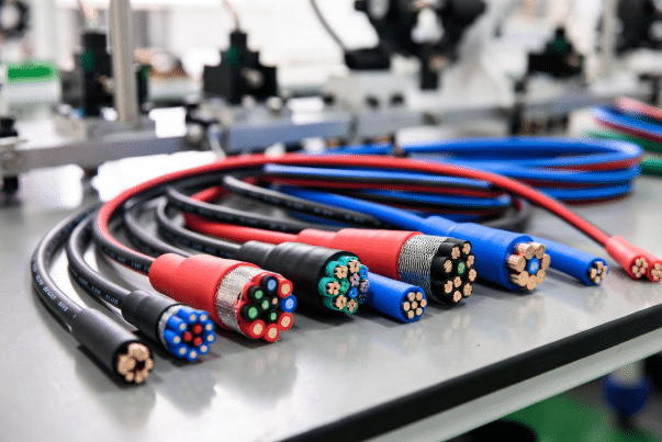 Close-up view of multiple custom silicone cables showing different conductor sizes, multi-core bundles, braided shielding, and flexible jackets designed for industrial automation and robotics applications