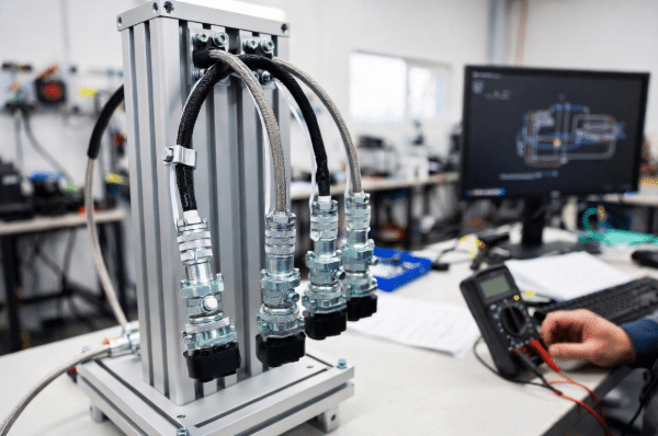 Engineer performing electrical and fit testing on a custom high-flex servo cable prototype assembly in a professional manufacturing facility, demonstrating prototype validation for OEM automation projects