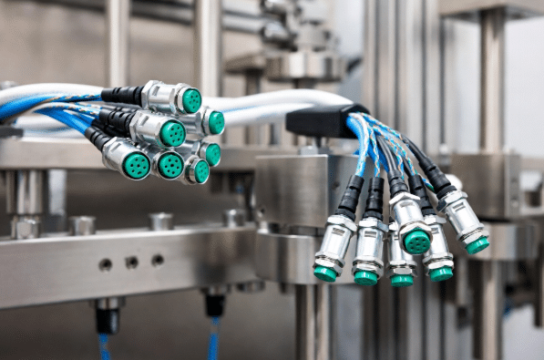 Professional view of custom multi-core sensor and actuator cable assembly with M12 connectors, showing detailed connector layout, color-coded wires, flexible jacket, and pin mapping details for reliable industrial machine wiring