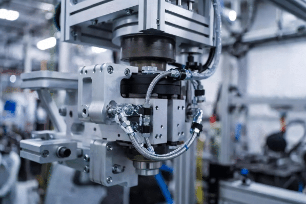 Realistic view of custom torsion robot cable prototype installed with proper bend radii and strain relief in industrial automation equipment, highlighting fit and routing validation during prototype testing