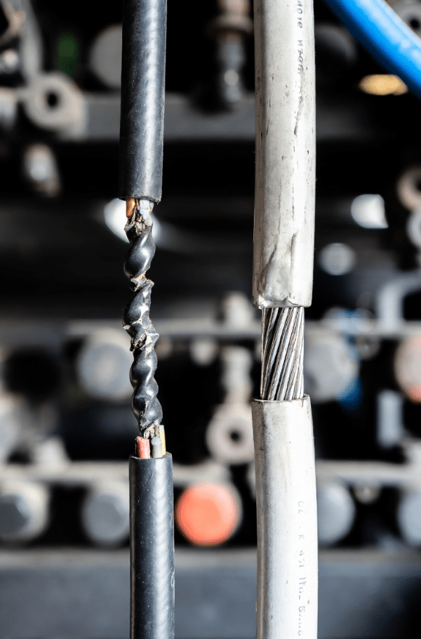 Example of corkscrewed and failed cable due to using continuous-flex cable in high-torsion robot joint versus properly selected torsion-resistant cable
