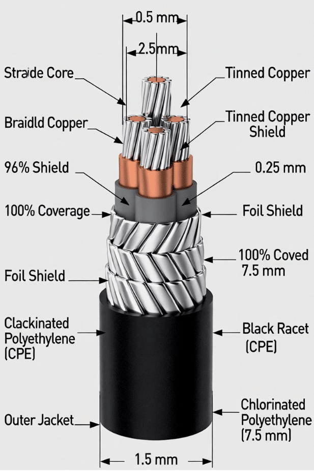 Engineering drawing of multi-conductor shielded servo cable with dimensions, layers, and technical callouts for overseas manufacturing RFQ
