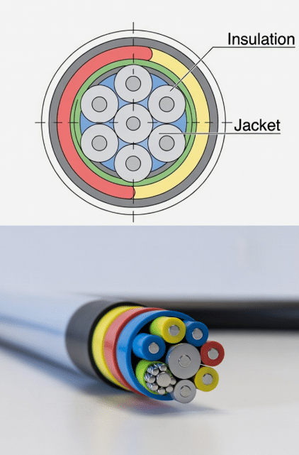 Detailed technical cross-section of a high-flex drag chain cable displaying inner insulation layers around conductors and protective outer jacket, illustrating material roles in continuous flex applications