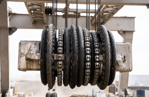 Drag chain cables with durable jackets operating in challenging outdoor or high-exposure industrial setting, showing UV and temperature resistance for long-term performance in cable carriers