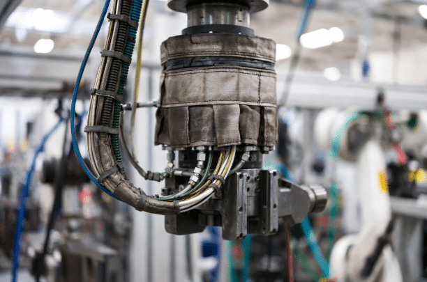 Industrial photo of robust outer jacket on custom torsion cables connected to robot end-of-arm tooling in harsh welding or machining setting, demonstrating abrasion and torsion resistance