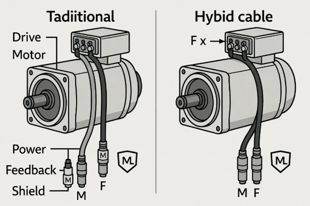 Close-up of proper shield termination and high-flex servo cables in cable carrier demonstrating bend radius and strain relief for compact machines