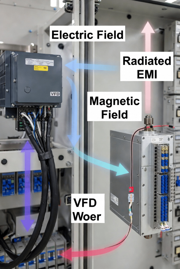 Technical diagram showing electromagnetic interference coupling from VFD power lines into servo feedback cables in a factory setting, with clear annotations for engineers