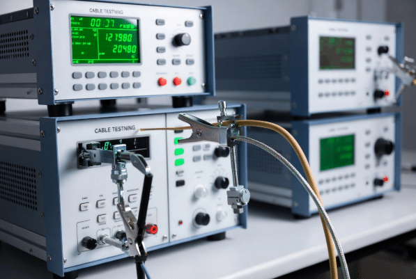 Close-up of industrial testing instruments performing electrical and mechanical validation on silicone cables, demonstrating quality control in silicone cable manufacturing