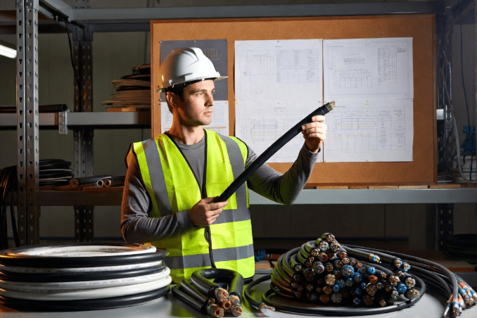 Electrical engineer examining different cable types including PVC and halogen-free jackets on a technical workbench, representing practical decision-making for cable jacket selection in industrial applications