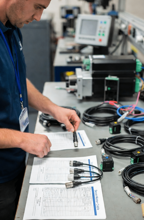 Technician inspecting and comparing different servo cables and datasheets in factory tssetting, representing practical selection process for voltage, shielding and motion requiremen