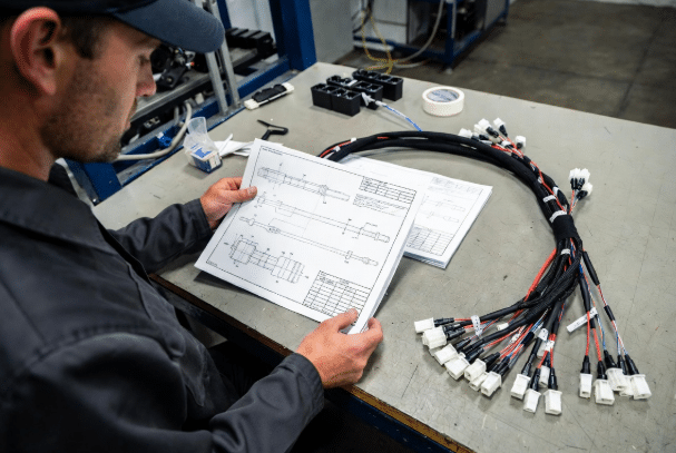 Technical professional examining detailed cable harness drawings alongside a completed custom industrial cable assembly, representing best practices in specification and quality control