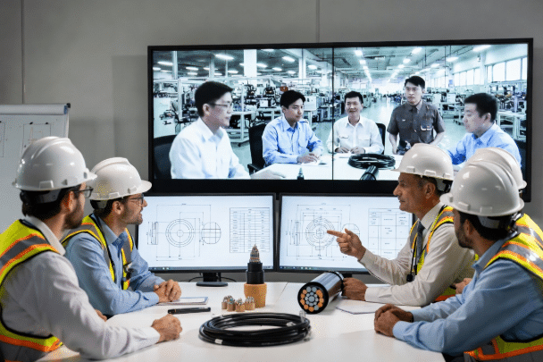 Western OEM engineers on video call with overseas custom cable factory reviewing technical drawings and specifications for industrial flexible cables and assemblies