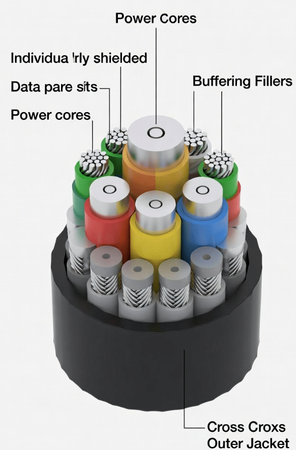 Robotics engineers reviewing cable options and robot layout diagrams when deciding on hybrid torsion cables for power control and data integration in compact systems