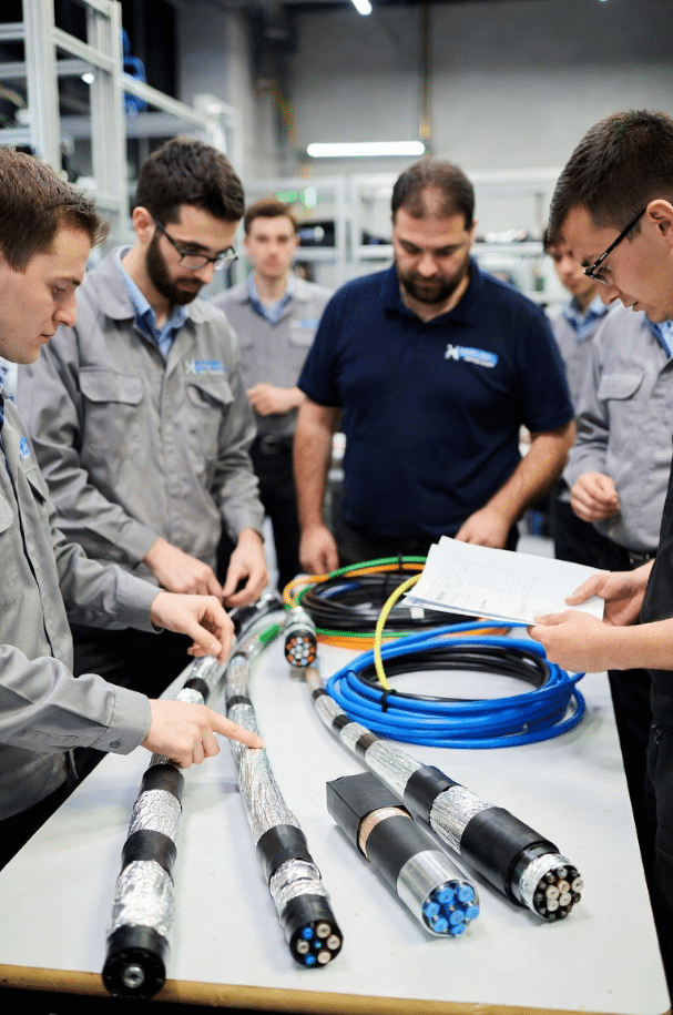 Technical team examining different jacket materials on torsion cables, reviewing specifications for harsh robotic environments and oil chemical resistance
