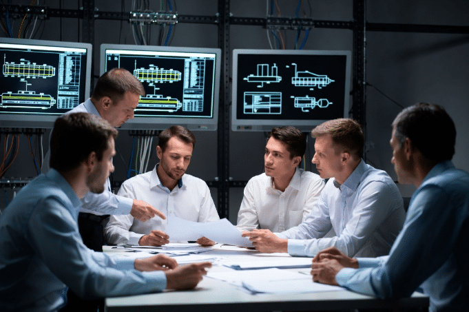 Technical team of engineers examining cable plans and datasheets for LSZH jacket and insulation selection in confined and safety-critical installation projects