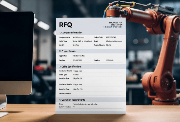 Clean example of a filled torsion cable RFQ template for 6-axis robots showing structured sections for motion, torsion, electrical functions, shielding and jacket requirements