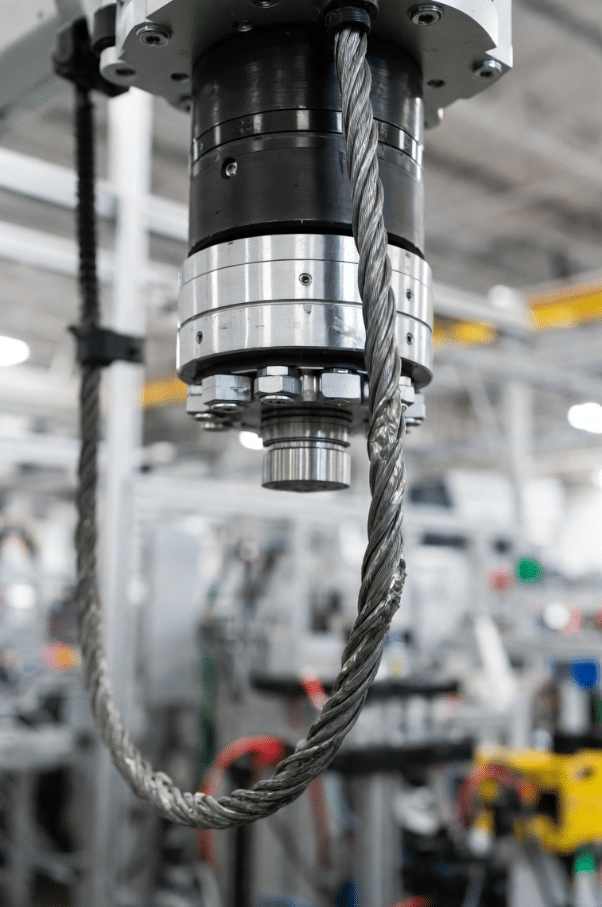 Close-up of damaged robot torsion cable exhibiting corkscrewing jacket, abrasion, and cracking in industrial environment