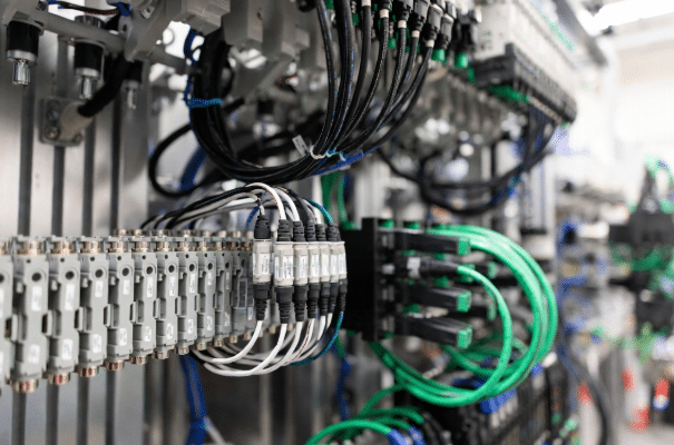 Professional view of industrial machine with short sensor and actuator cables connecting to IO blocks, fieldbus trunks, and shielded PROFINET Industrial Ethernet cables in a modern automation setup, highlighting organized cabling strategies