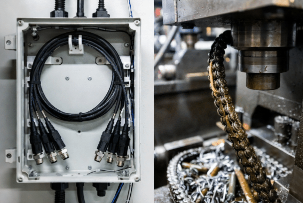 Real factory conveyor line equipped with sensors, actuators, and visible sensor actuator cables supporting material handling automation