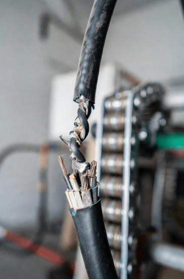Industrial photo of damaged continuous-flex cable removed from drag chain, displaying corkscrewing, broken strands and shield due to poor internal construction for motion applications
