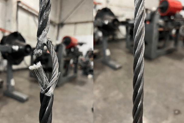 Side-by-side photo of damaged soft torsion cable with corkscrewed jacket and intact Hulk high-flex robot cable highlighting common failure modes