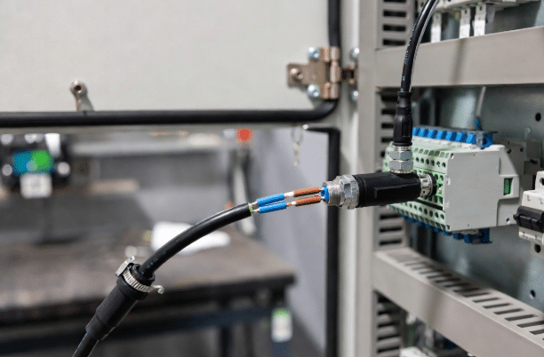 Open-end M8 M12 sensor cable being wired into terminal block in industrial panel, illustrating flexible termination options