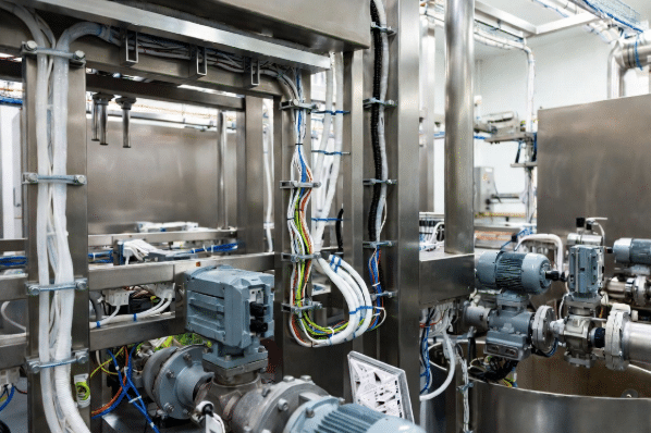 Close-up of chemical-resistant, easy-to-clean food-grade custom cable jackets and liquid-tight conduits installed on stainless equipment in food factory