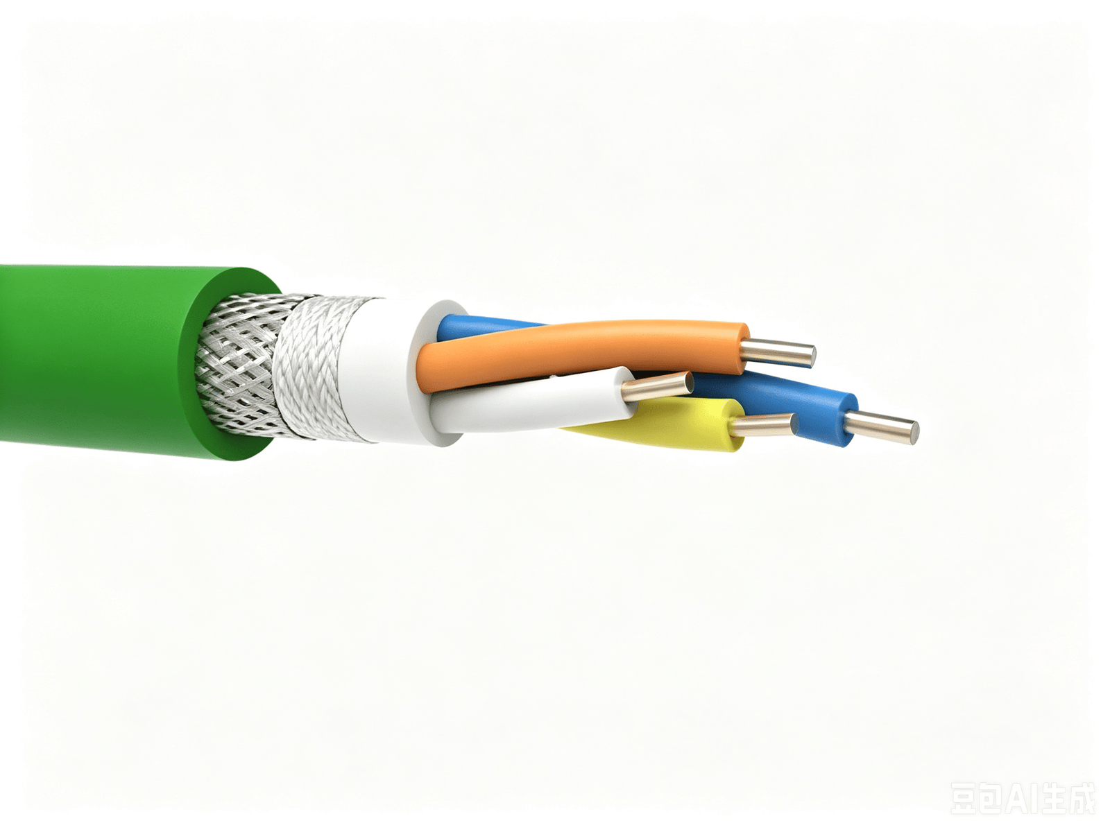 Close-up of a green industrial Ethernet cable with shielded four-core stranded copper conductors (orange, blue, white, yellow insulated), designed for high-interference environments in automation and PLC systems.