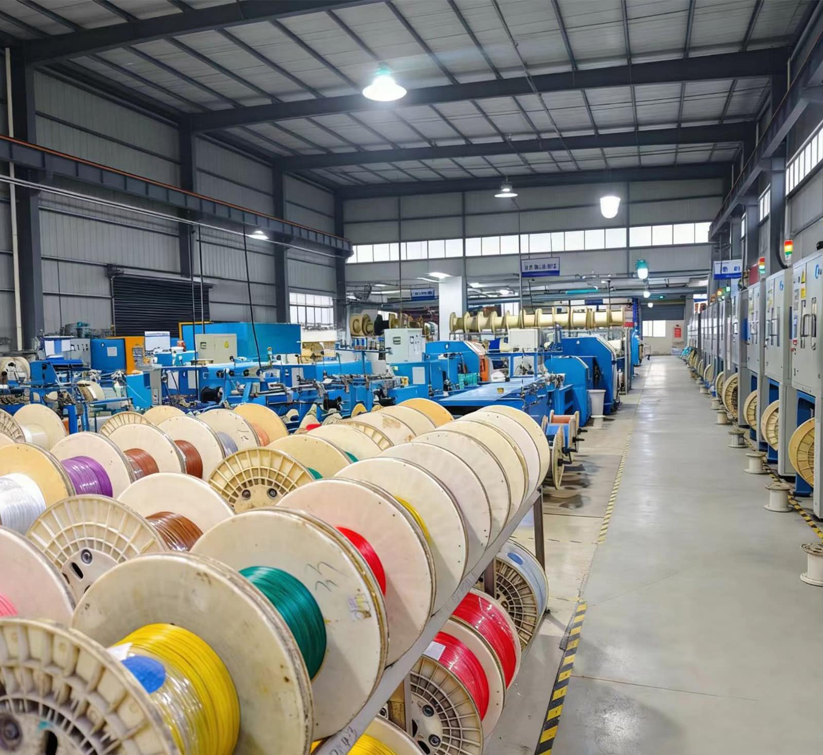 HULK cable production workshop with rows of color-coded wire spools in foreground and blue automated machinery in background, showcasing large-scale manufacturing capacity for industrial cables used in automation, robotics, and control systems.