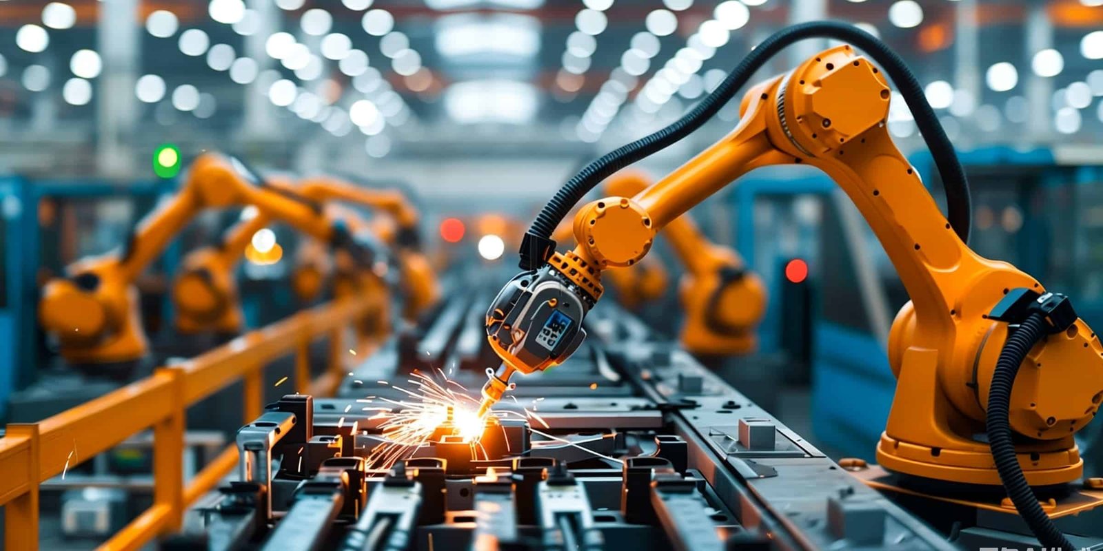 Industrial robotic arms performing welding tasks on an automated production line, connected by flexible black cables designed for high-motion and high-interference environments in smart factories.
