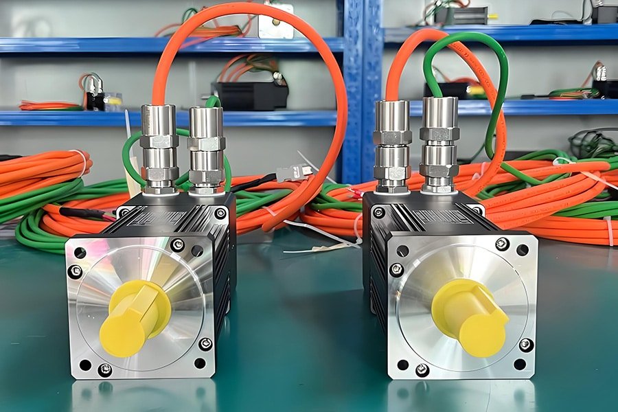 Two HULK explosion-proof servo motors with yellow shaft ends and metallic housings, connected to orange and green high-flex cables, displayed on a green workbench with shelved cable inventory in the background — engineered for safe operation in hazardous environments requiring certified intrinsic safety and robust mechanical durability.