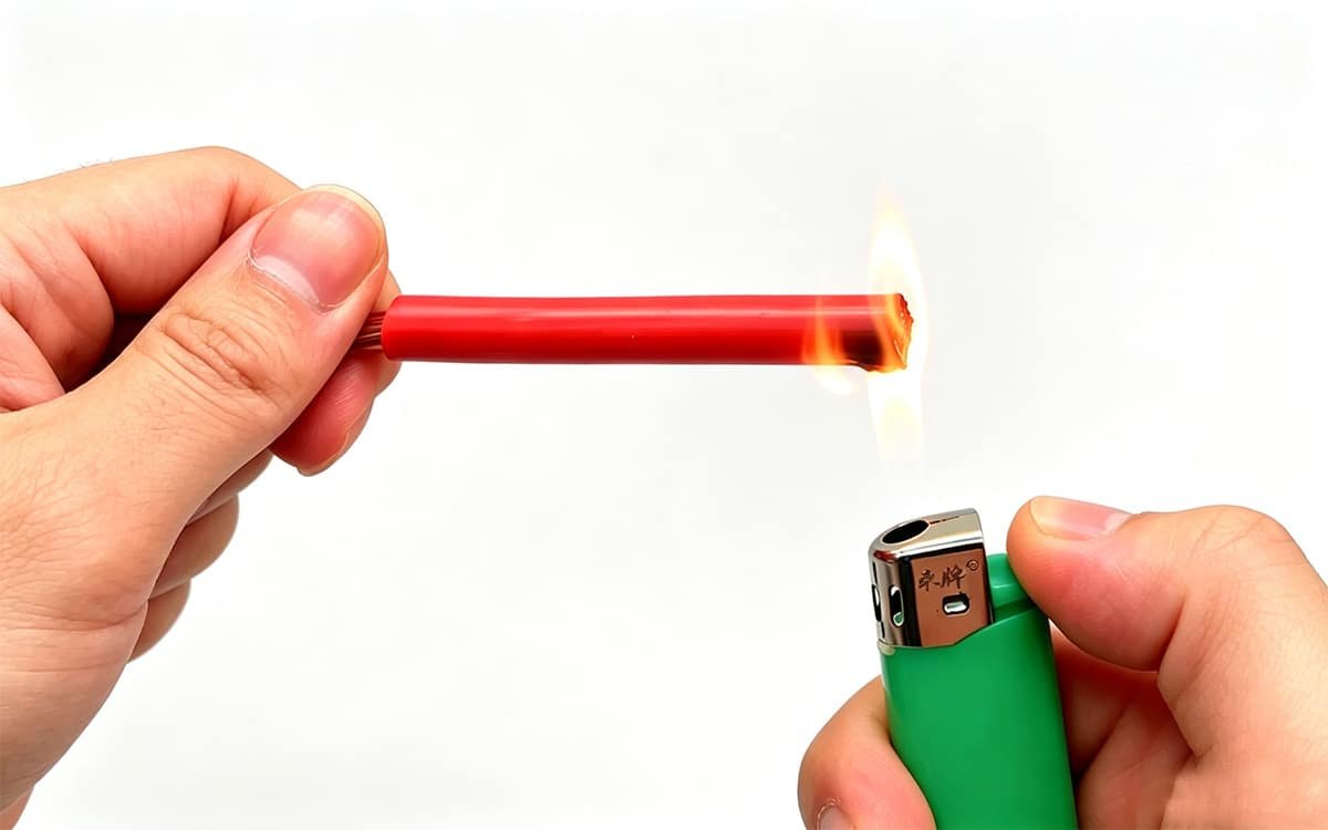 HULK cable undergoing flame retardancy test with lighter, demonstrating heat-resistant red insulation that resists ignition and melting under direct flame exposure for safety-critical industrial applications.