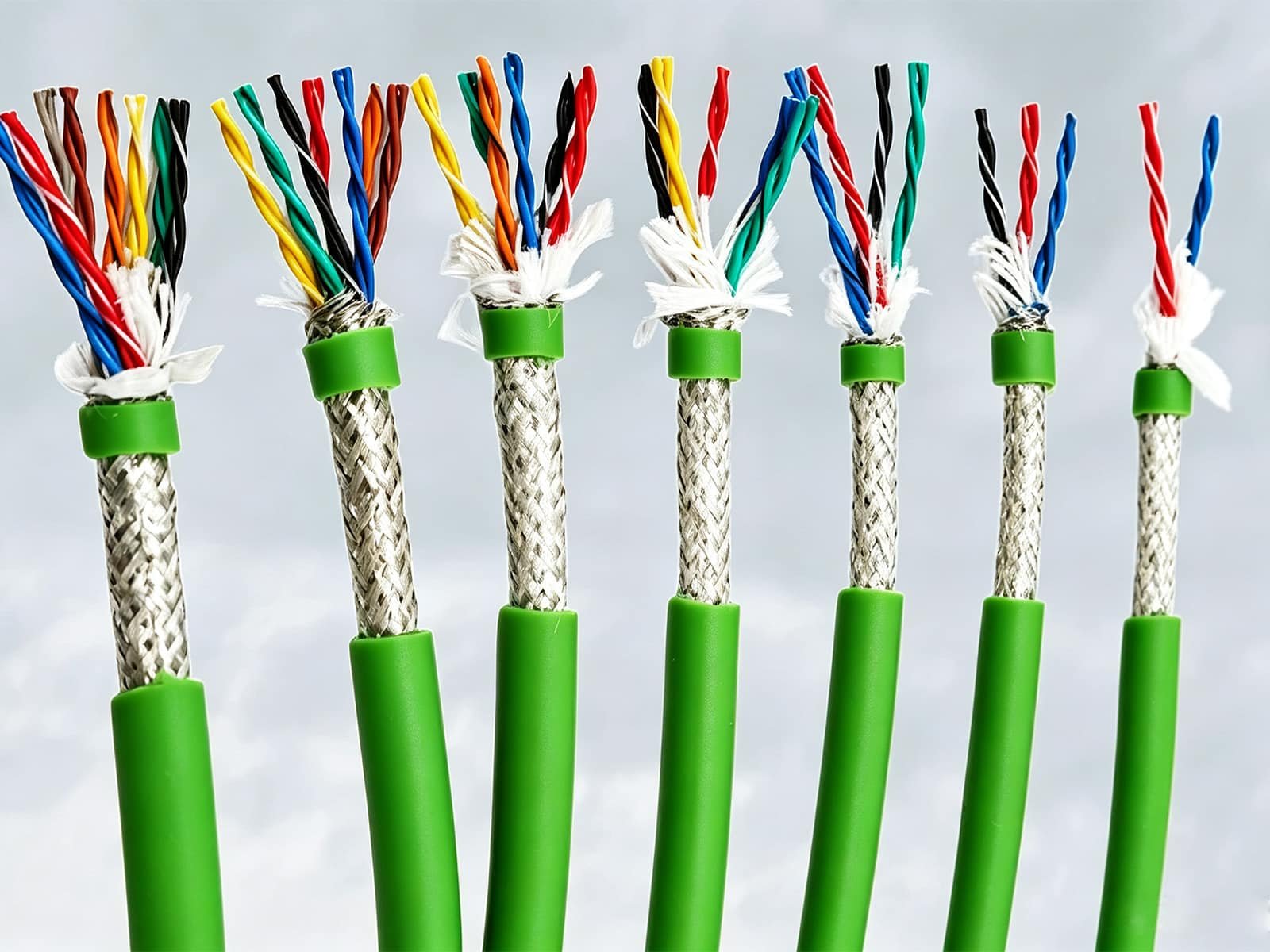 HULK high-flex shielded TRVVSP cables in green outer jacket, featuring tinned copper conductors, color-coded insulation, dual-layer shielding (foil + braid), and multiple core configurations for noise-resistant signal transmission in robotics, CNC machines, and servo systems.