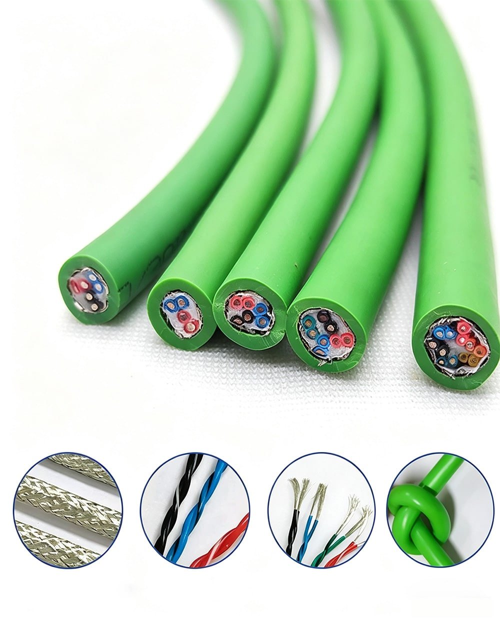 HULK high-flex shielded TRVVSP cables in green outer jacket, featuring tinned copper conductors, color-coded insulation, dual-layer shielding (foil + braid), and multiple core configurations (2/3/4/6/8 cores) for noise-resistant signal transmission in robotics, CNC machines, and servo systems.