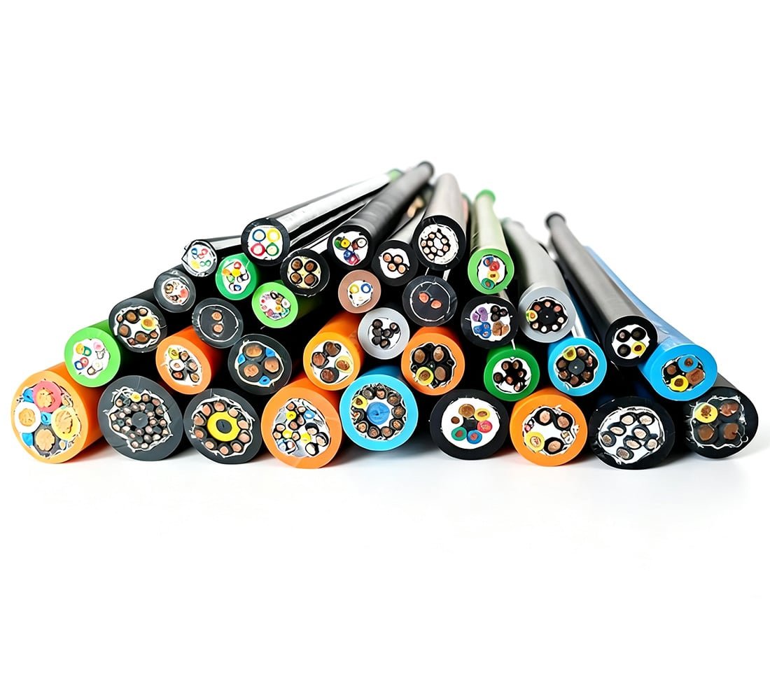 HULK diverse industrial cable portfolio showing cross-sections of power, signal, data, and hybrid cables in various colors and constructions, designed for robotics, drag chains, servo drives, and automation control systems.