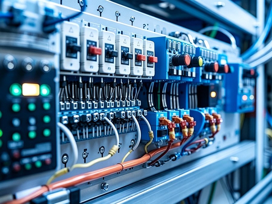 HULK industrial control panel wiring featuring circuit breakers, terminal blocks, PLC modules, and color-coded cables (orange, yellow, blue, gray) for reliable power distribution and signal transmission in smart manufacturing and robotics systems.