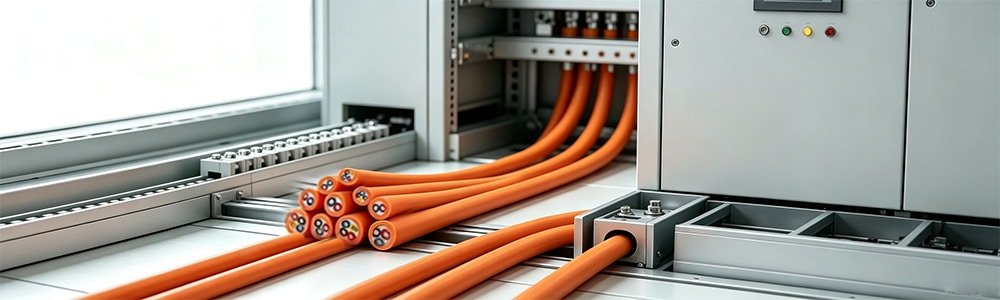 HULK high-flex orange servo power cables neatly routed into an industrial control cabinet via metal cable glands, demonstrating organized wiring solutions for CNC machines and automation systems requiring durable, oil-resistant cabling.