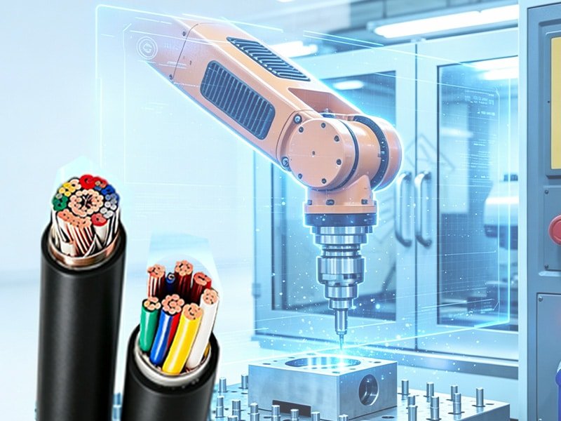 Vertical display of HULK two types of composite industrial cables, one with dense numerous fine conductors and another with fewer thick power cores, matte black outer sheath, futuristic smart factory backdrop, engineered for mixed power & signal centralized wiring in automated workshops