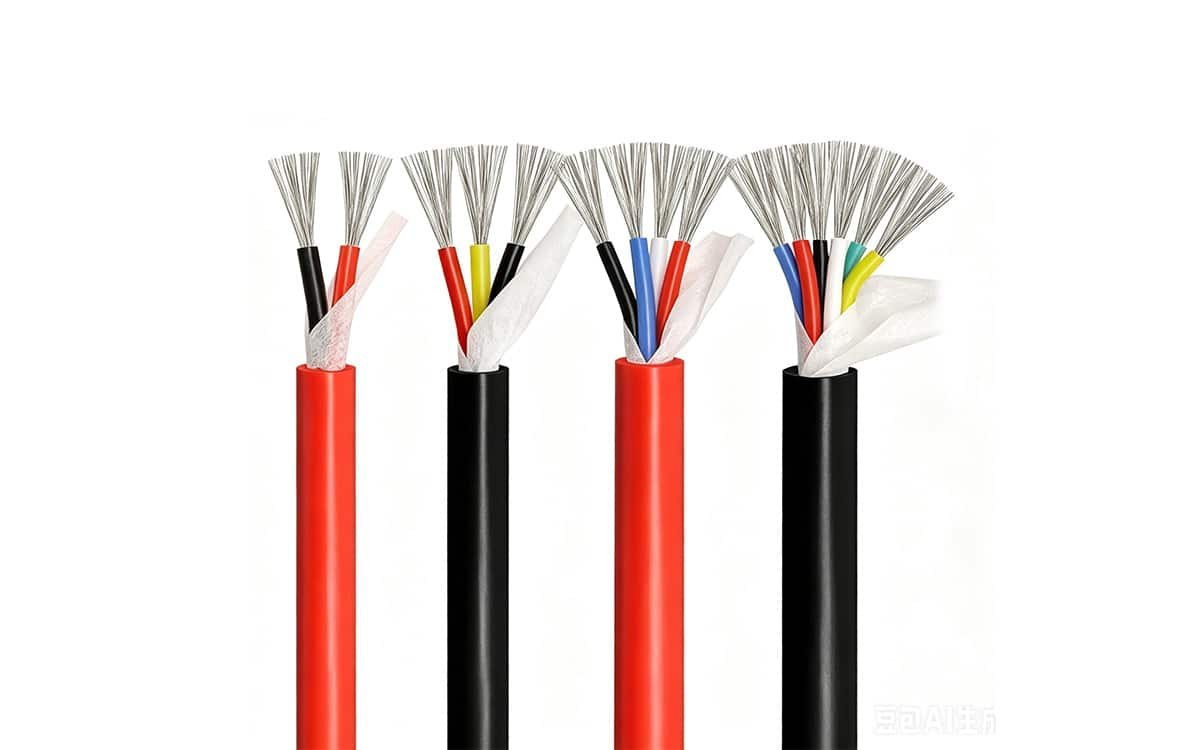 HULK multi-core silicone cables in 2, 3, and 4-core configurations, featuring tinned copper conductors, color-coded insulation, white separator tape, and red/black outer jackets for high-flexibility and heat resistance in robotics and industrial automation.