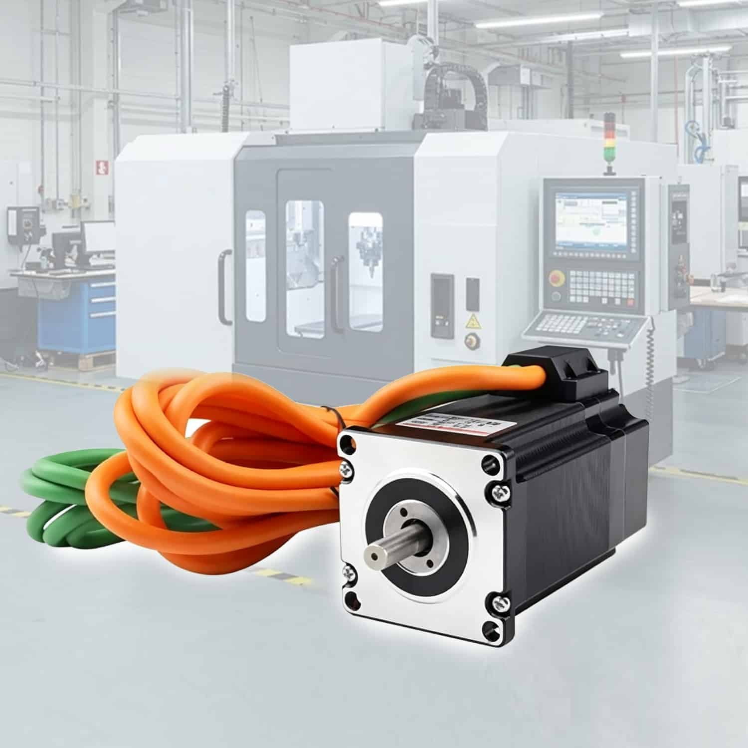HULK high-flex servo motor cables (orange and green) connected to a stepper motor in a CNC workshop, demonstrating reliable power and signal transmission for precision motion control in industrial automation.
