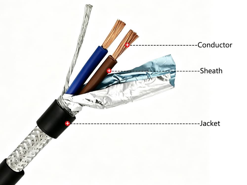 Detailed cross-section of HULK shielded cable showing conductor, sheath, and jacket layers with aluminum foil and braided shielding for EMI resistance in industrial automation.