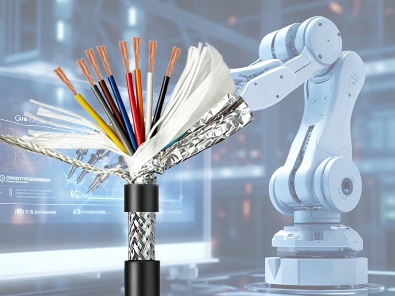 Cross-section of HULK multi-core shielded control cable with stranded copper conductors, color-coded insulation, aluminum foil and braided shielding layers, shown alongside an industrial collaborative robot in a smart factory setting.