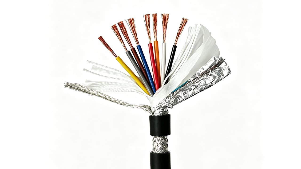 Cross-sectional view of HULK multi-core shielded control cable showing stranded copper conductors, color-coded insulation, aluminum foil and braided shielding layers, designed for high-interference industrial environments.
