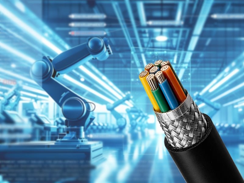 HULK industrial automation cable with color-coded conductors and braided shielding, set against a smart factory backdrop featuring robotic arms in motion — engineered to deliver reliable power and signal integrity in high-interference, high-movement manufacturing environments.